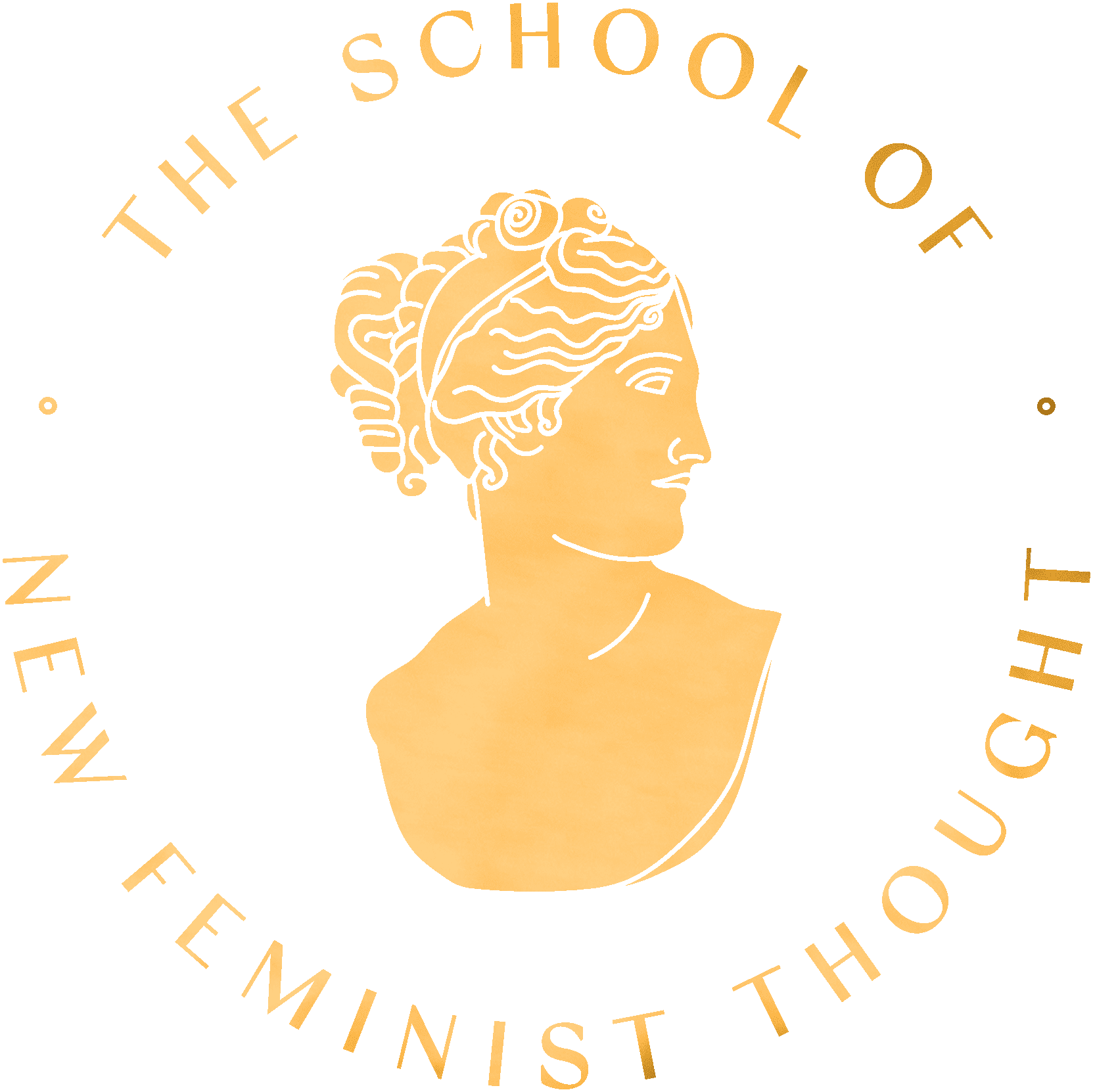The School of New Feminist Thought Crest with an illustration of a female bust in the center.